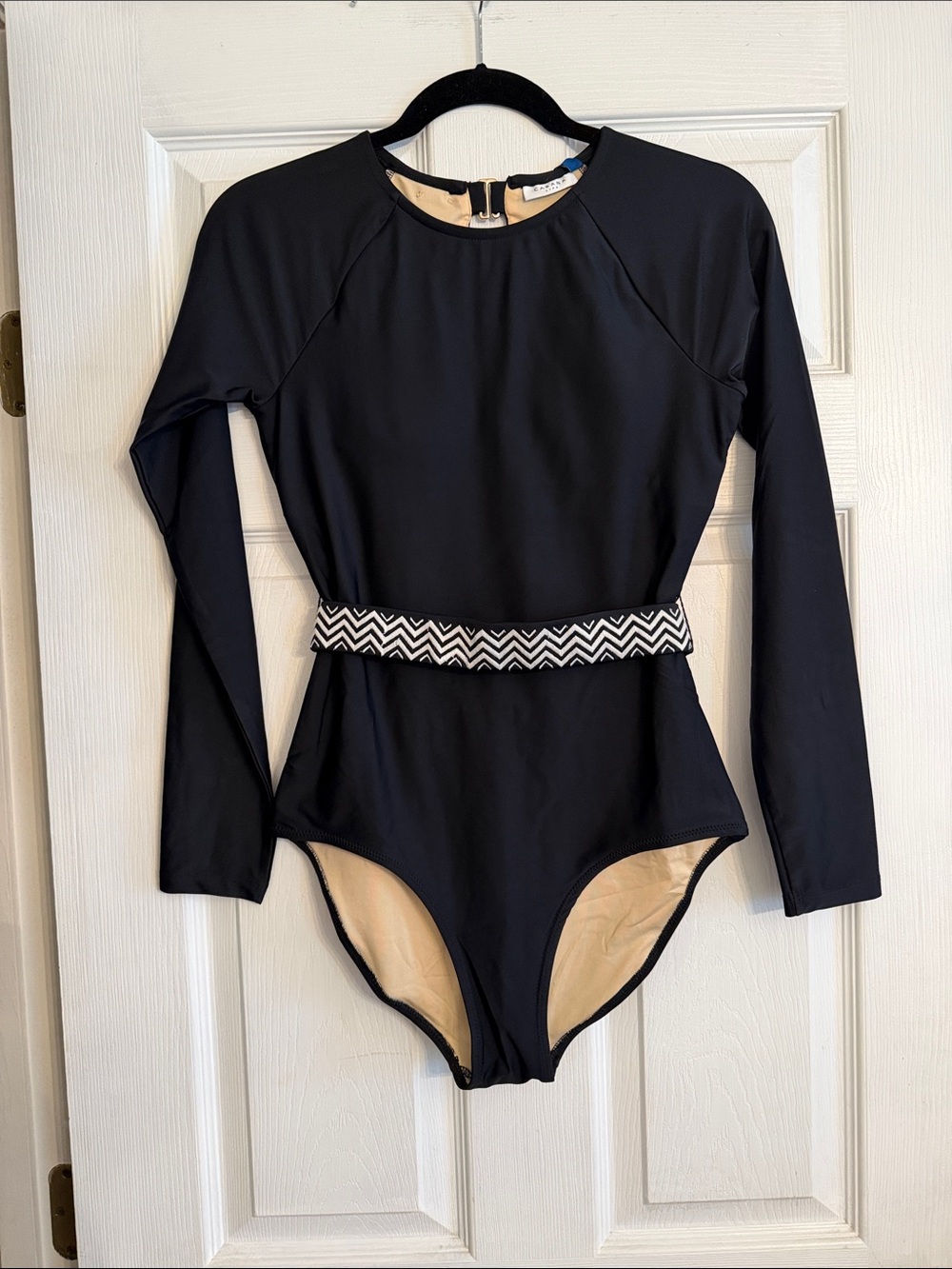 Cabana Life Black Long-Sleeve One-Piece Swimsuit Rash Guard with Chevron Belt S